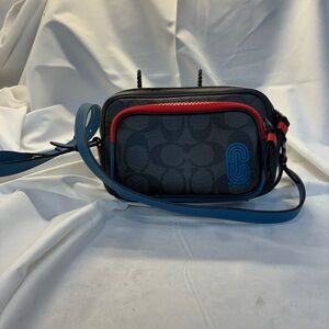 Coach Mini Edge Double Pouch Crossbody Bag - Black with Blue & Red Accents